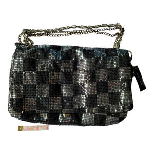 NWT UK2LA Black and Silver Sequin Purse cross body clutch with Chain Strap